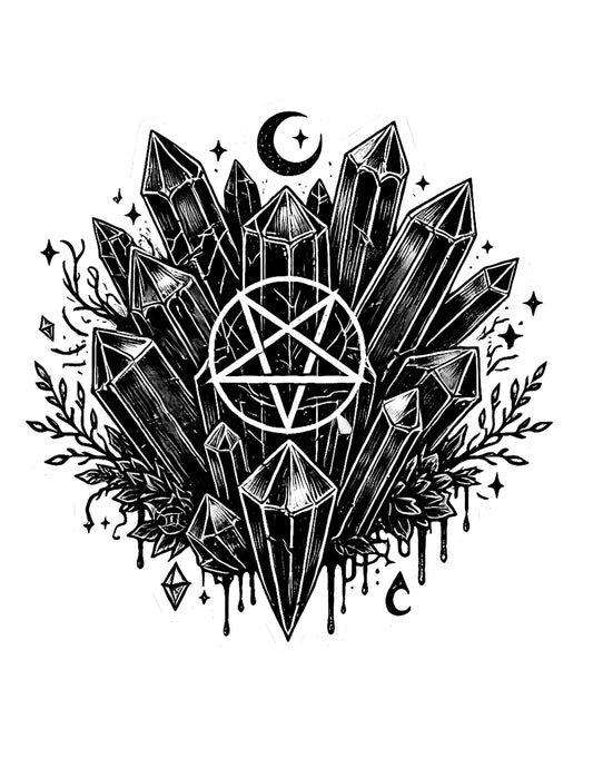 Occult Crystal Cluster Sticker – Gothic Pentagram & Moon Decal Witchy Aesthetic